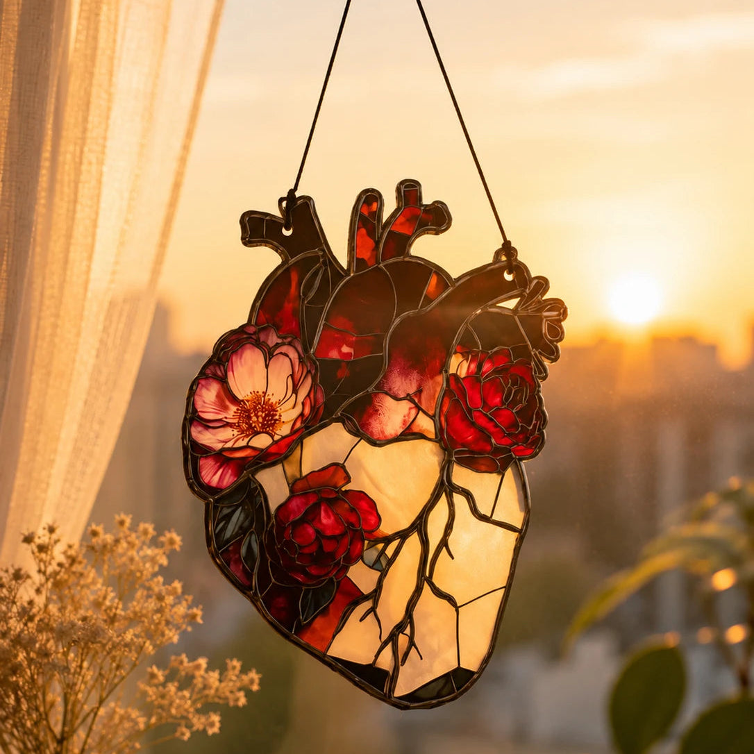 Gothic heart suncatcher styled against a plain wall