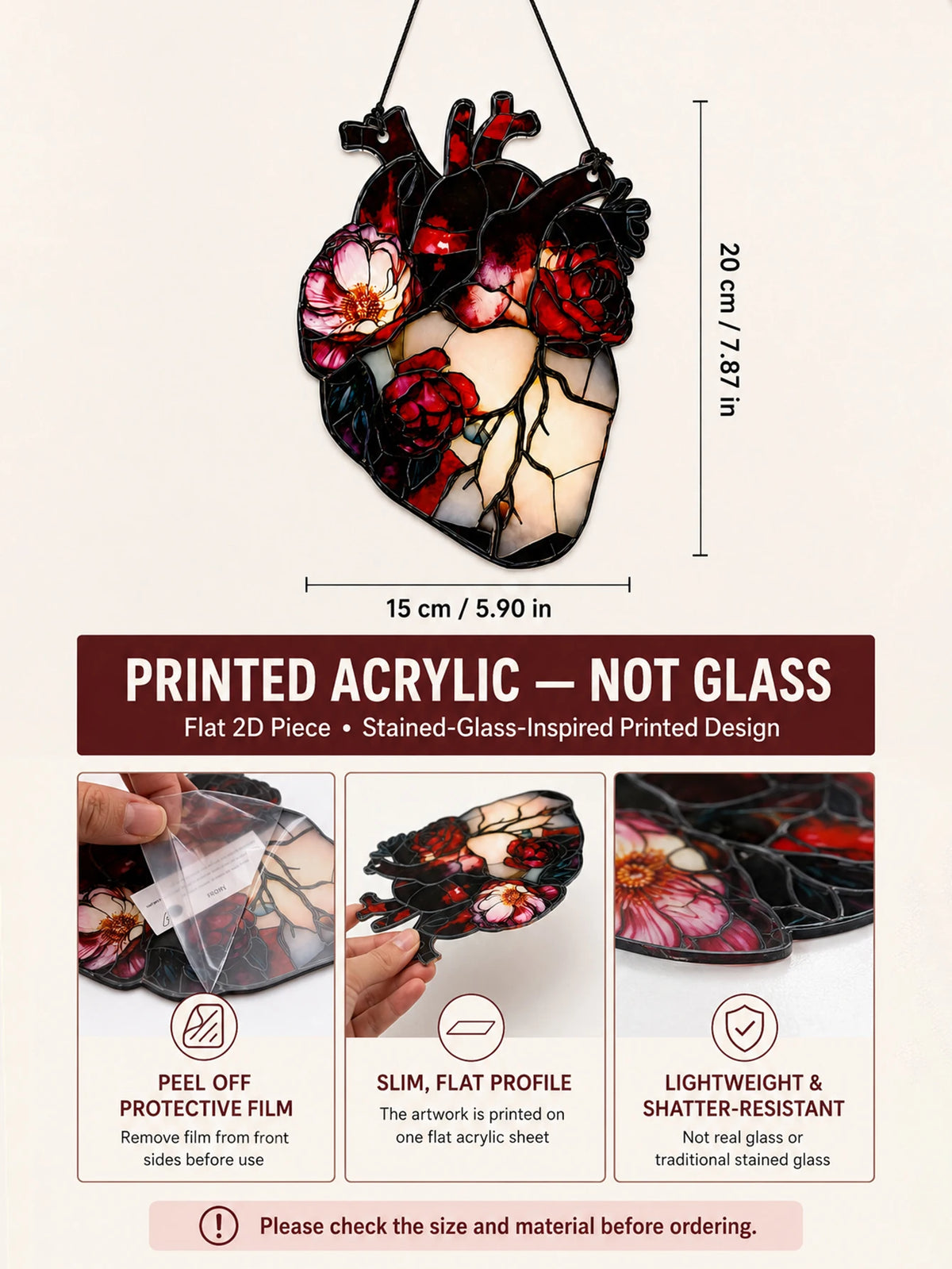 Size reference for the anatomical heart and rose suncatcher