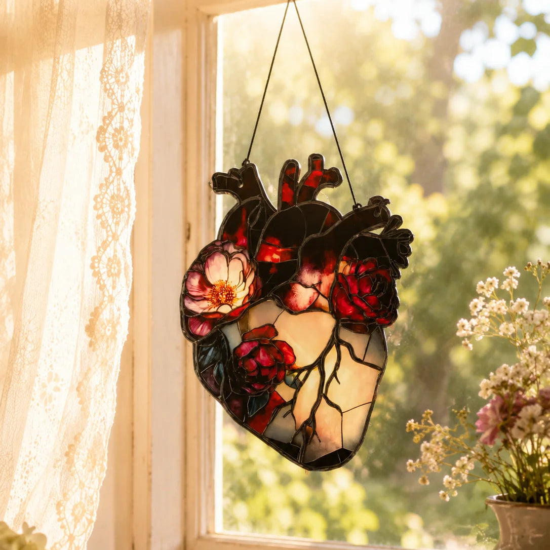 Anatomical heart and rose suncatcher for gothic window decor