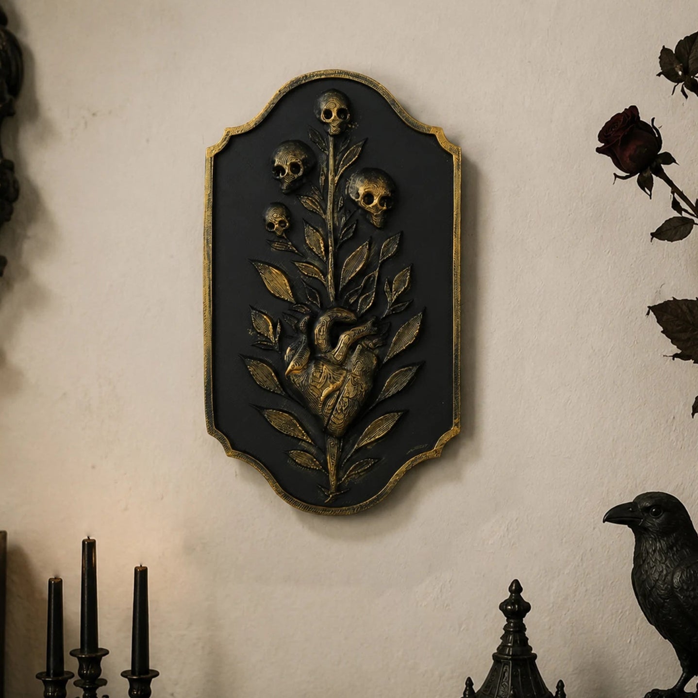 Anatomical heart skull relief wall plaque – gothic wall art decor, front view