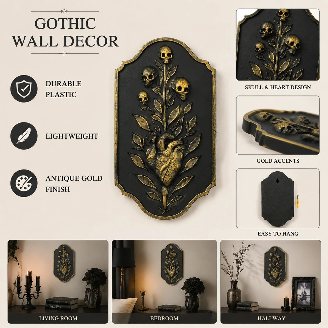 Gothic anatomical heart skull relief – wall hanging side view