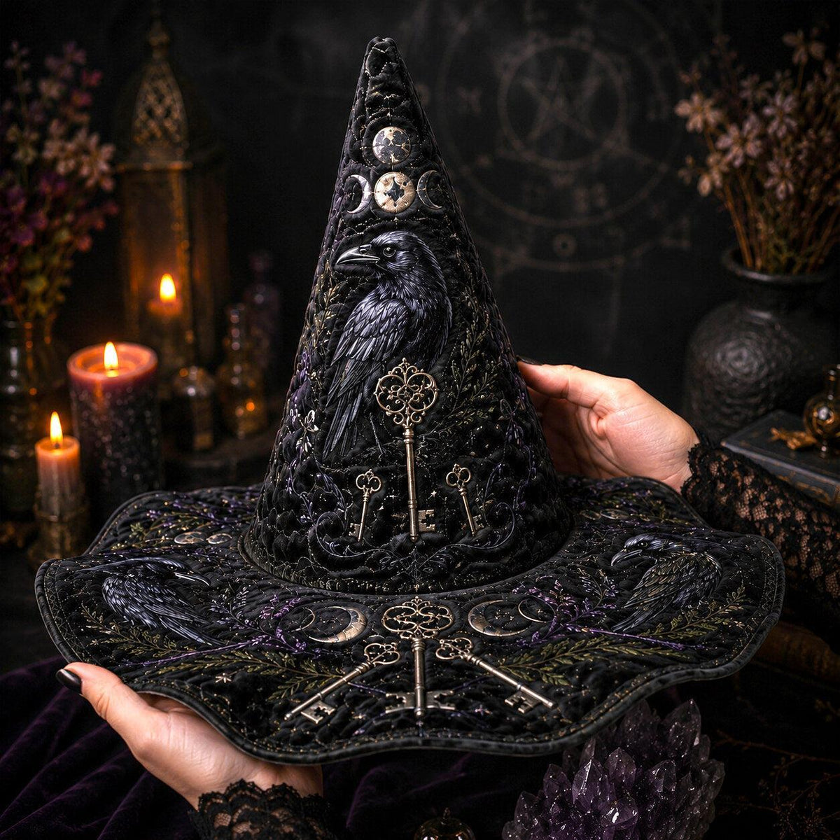 Ancestor Key Witch Hat – Raven Moon Occult Wide Brim Hat – worn, front view