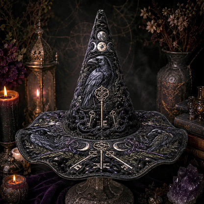 Ancestor Key Witch Hat – Raven Moon Occult Wide Brim Hat – quilting and print detail