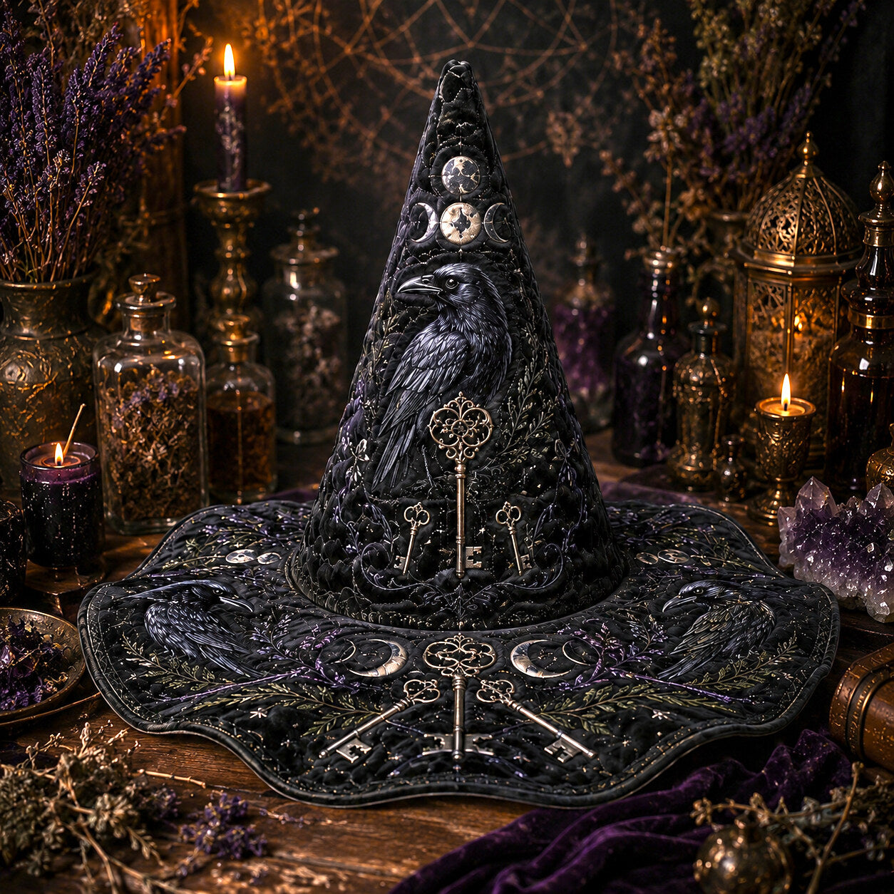 Ancestor Key Witch Hat – Raven Moon Occult Wide Brim Hat – on an altar table