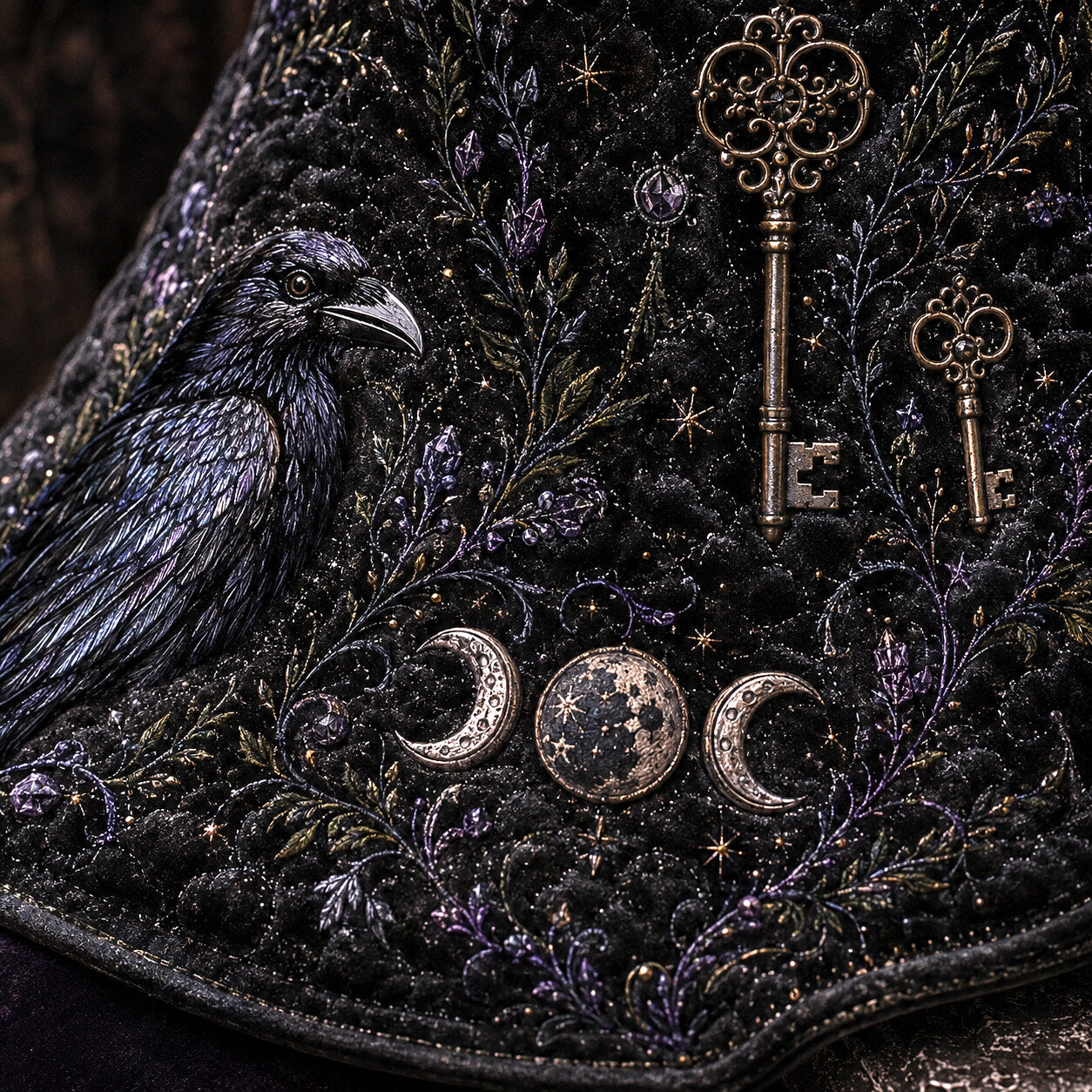 Ancestor Key Witch Hat – Raven Moon Occult Wide Brim Hat – styled with candles and crystals