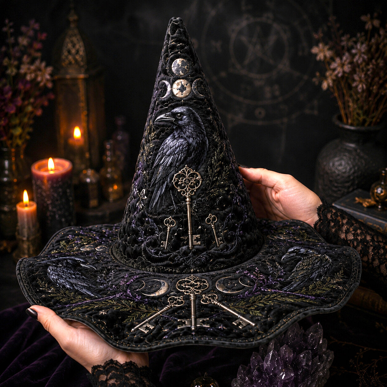 Ancestor Key Witch Hat – Raven Moon Occult Wide Brim Hat – worn, front view