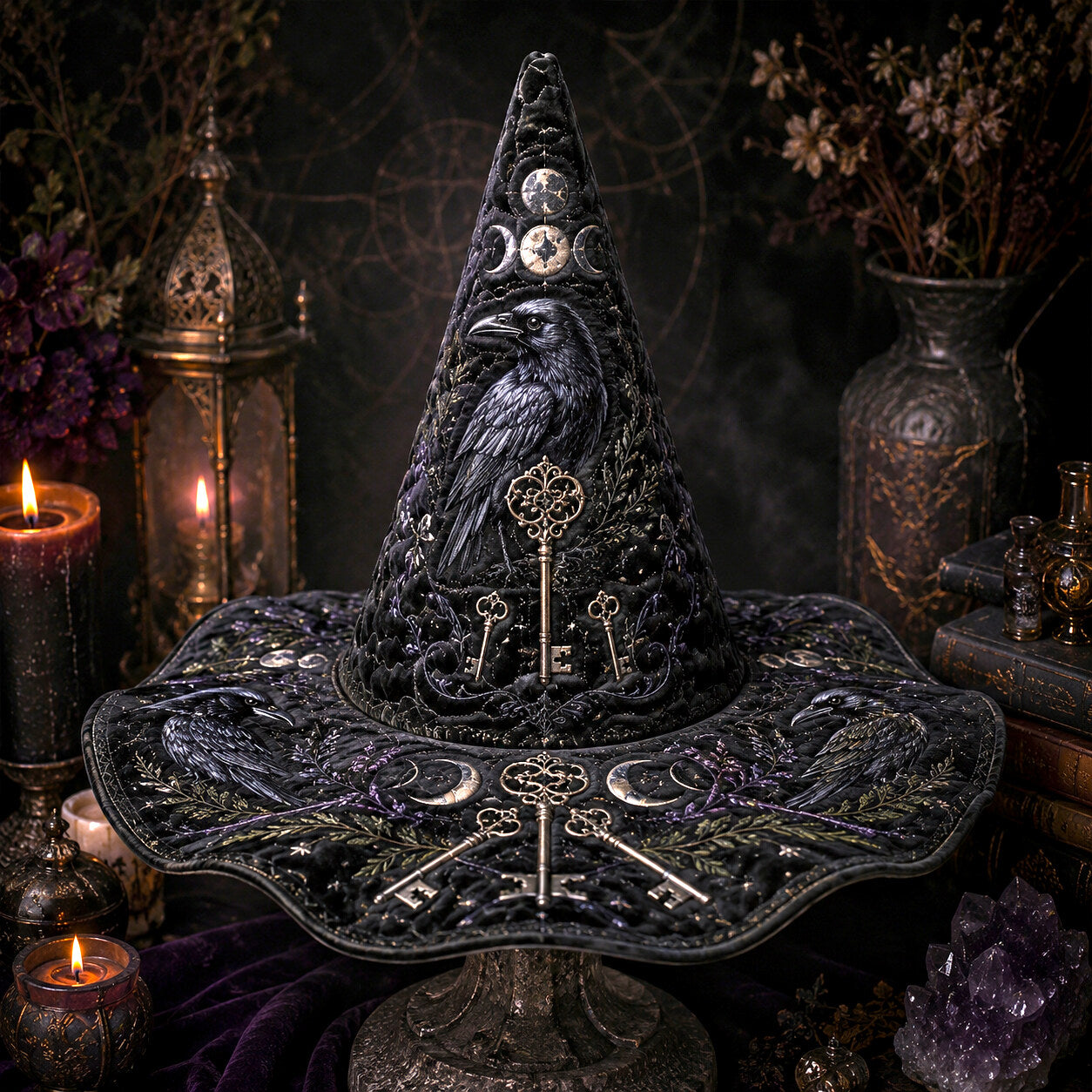 Ancestor Key Witch Hat – Raven Moon Occult Wide Brim Hat – quilting and print detail