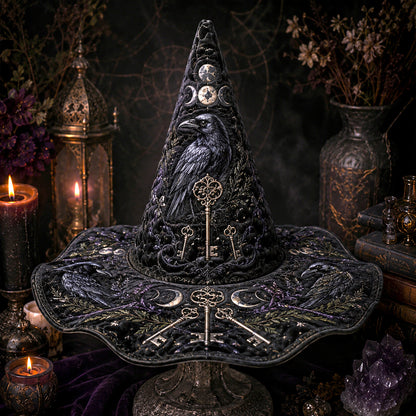Ancestor Key Witch Hat – Raven Moon Occult Wide Brim Hat – quilting and print detail