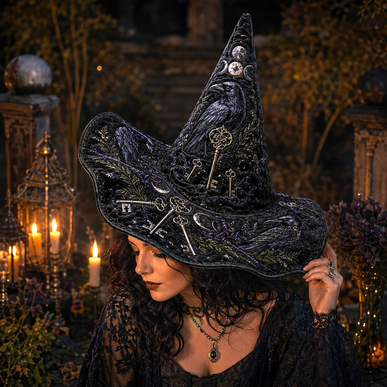 Ancestor Key Witch Hat – Raven Moon Occult Wide Brim Hat – held in both hands
