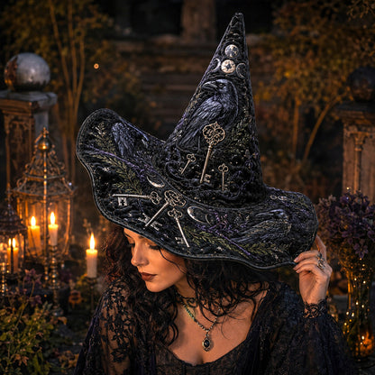 Ancestor Key Witch Hat – Raven Moon Occult Wide Brim Hat – held in both hands
