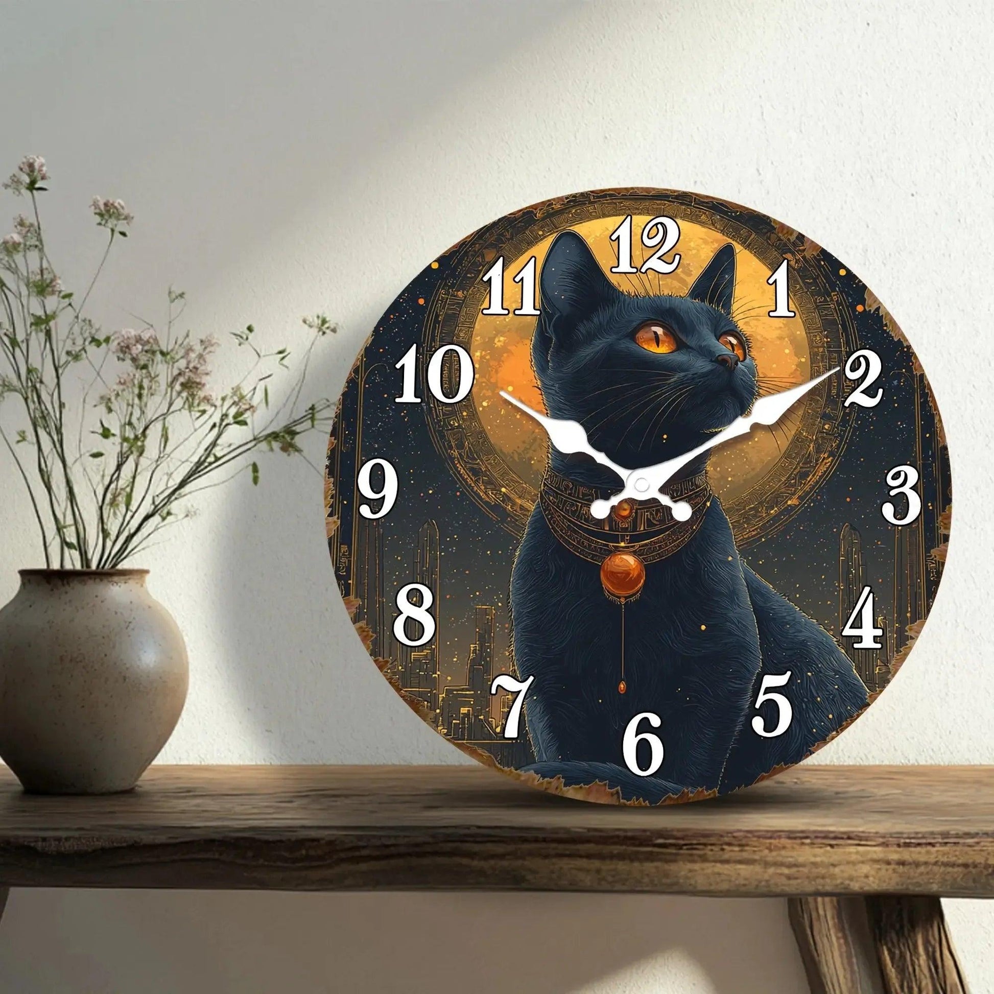 Ancient Egyptian Black Cat Wooden Wall Clock Mystic Wall Decor-MoonChildWorld