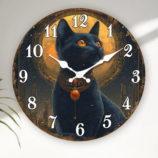 Ancient Egyptian Black Cat Wooden Wall Clock Mystic Wall Decor-MoonChildWorld