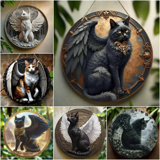 Winged Cat Wooden Sign - Witchy Hanging Sign Home Decor