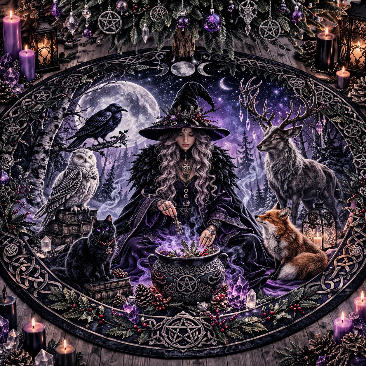 Gothic Pagan Yule tree skirt with a witch, black cat, owl, raven, deer, and fox in a moonlit forest.