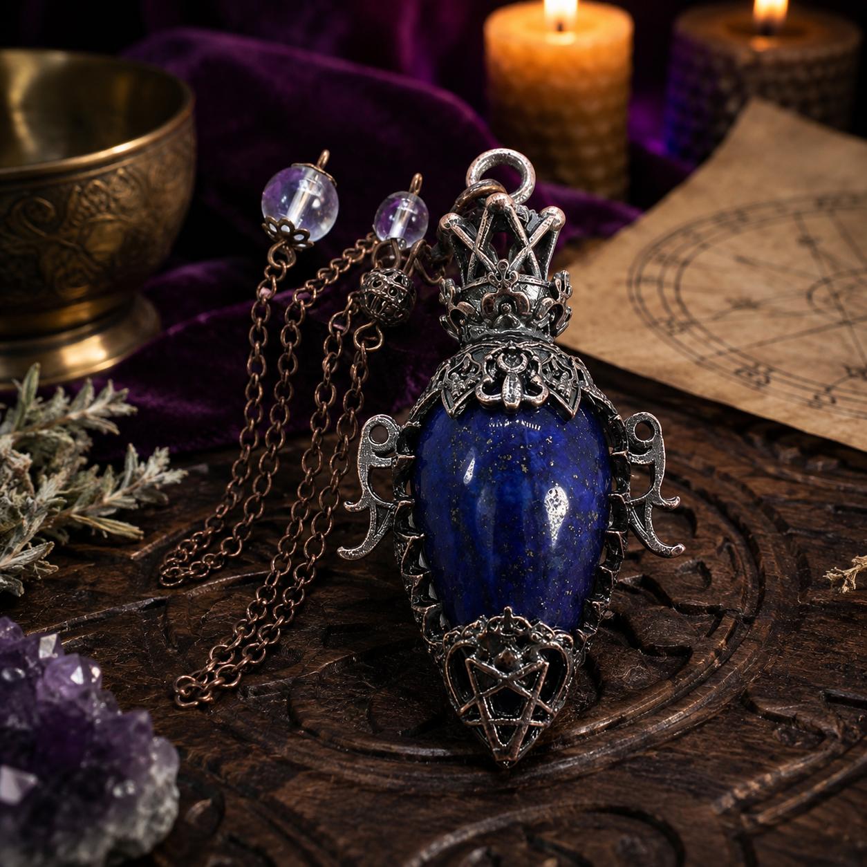 Lapis chain water drop crystal pendulum on a Pagan ritual altar