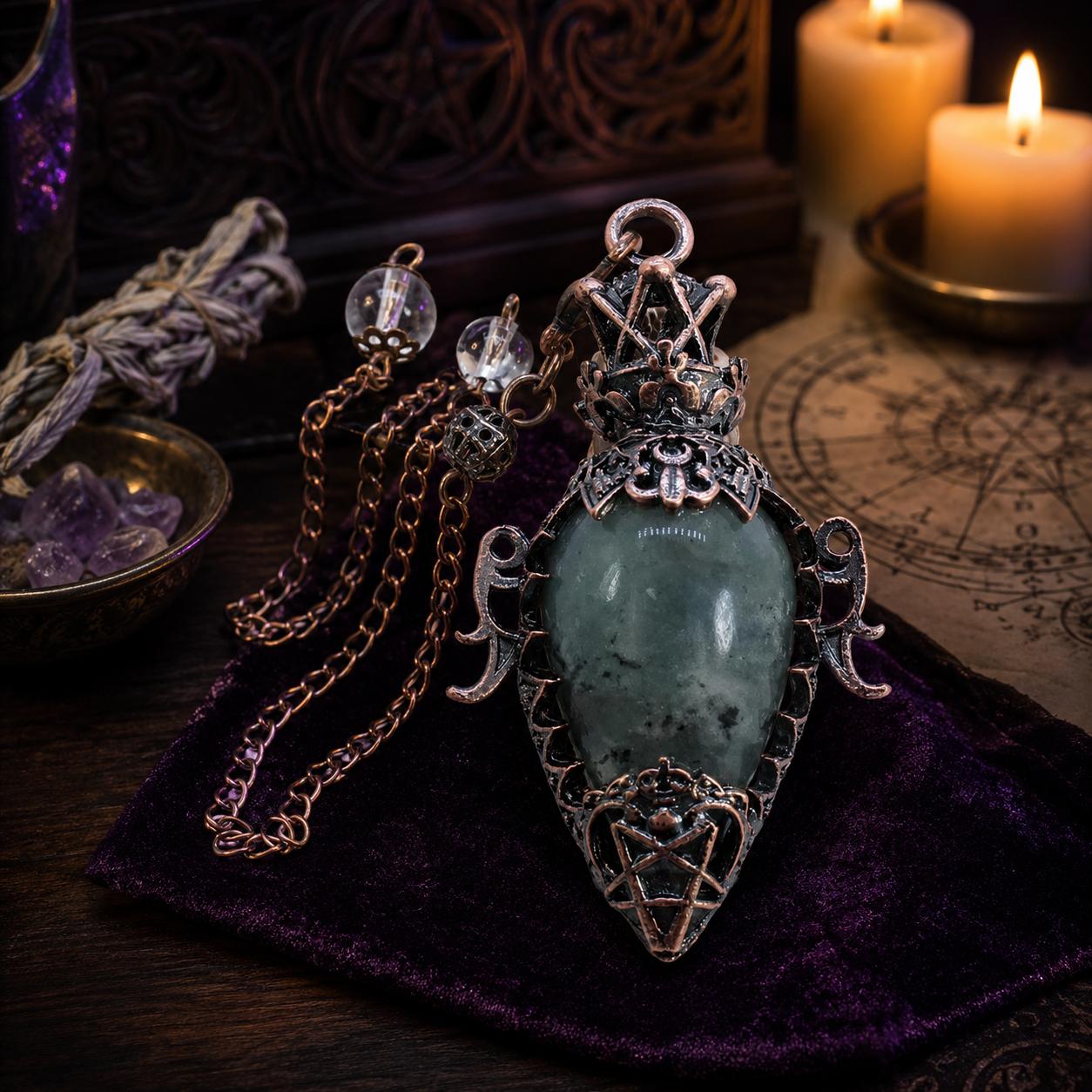 Labradorite chain water drop crystal pendulum on a Pagan ritual altar