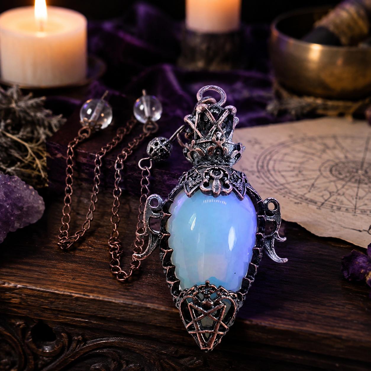 Opal chain 1 water drop crystal pendulum on a Pagan ritual altar
