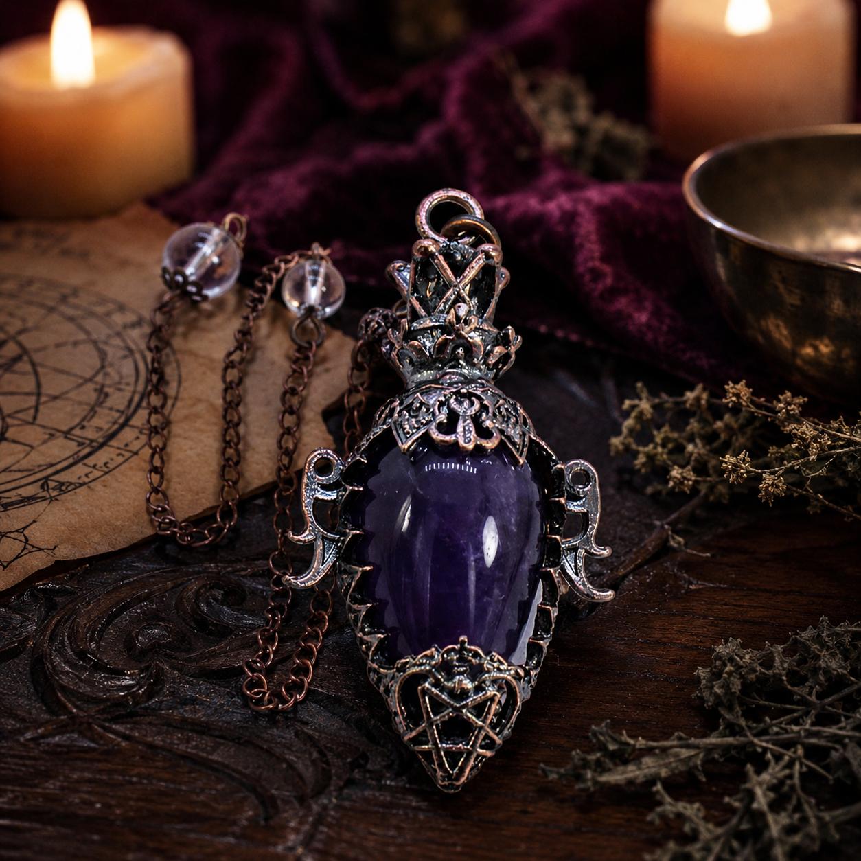 Amethyst chain water drop crystal pendulum on a Pagan ritual altar