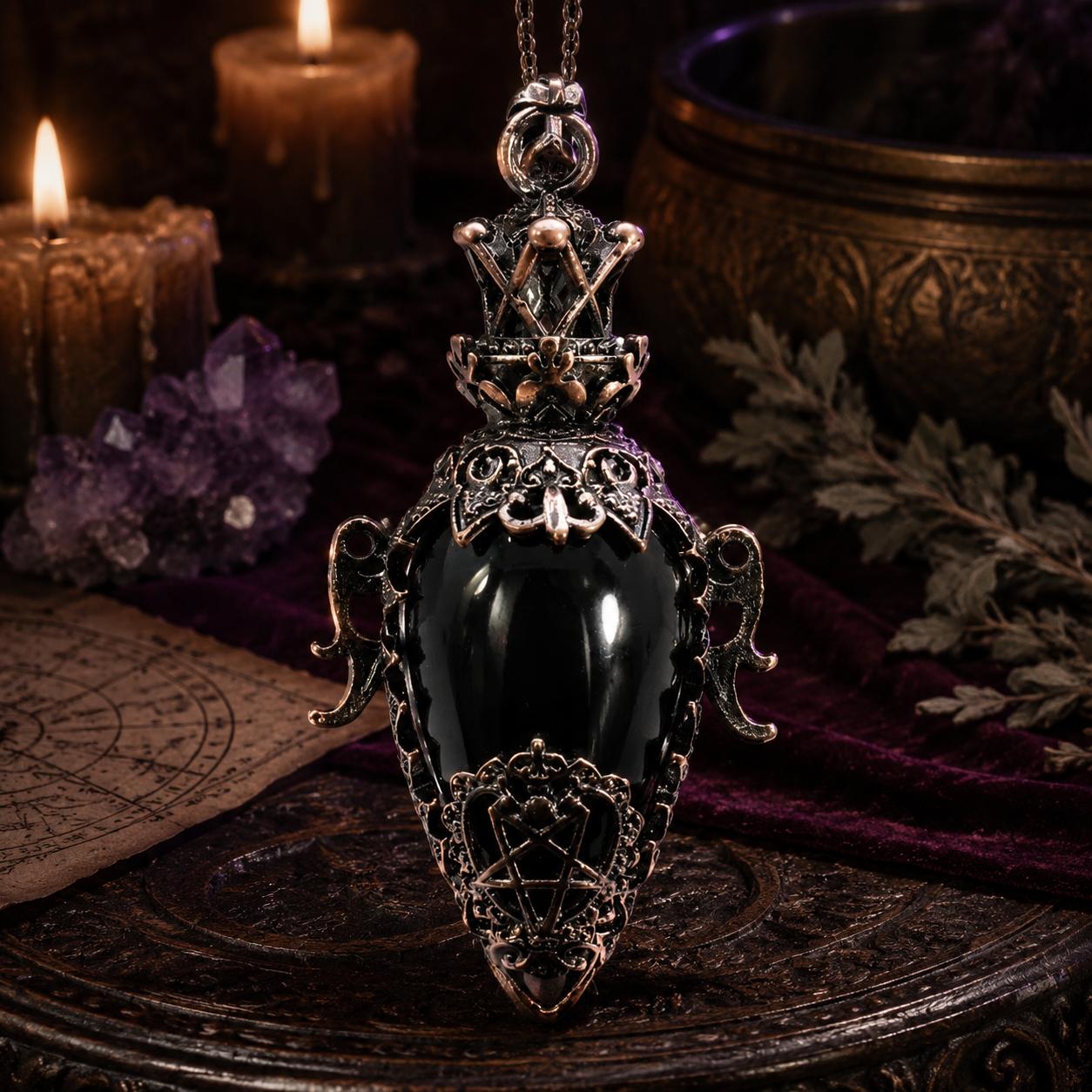 Black agate water drop crystal pendulum on a Pagan ritual altar