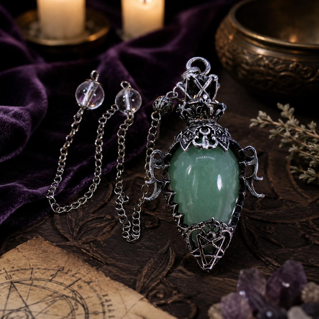 Aventurine chain 1 water drop crystal pendulum on a Pagan ritual altar