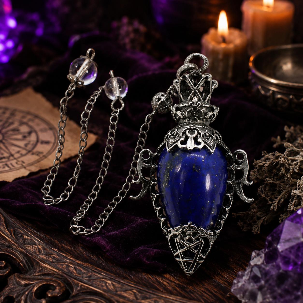 Lapis chain 1 water drop crystal pendulum on a Pagan ritual altar