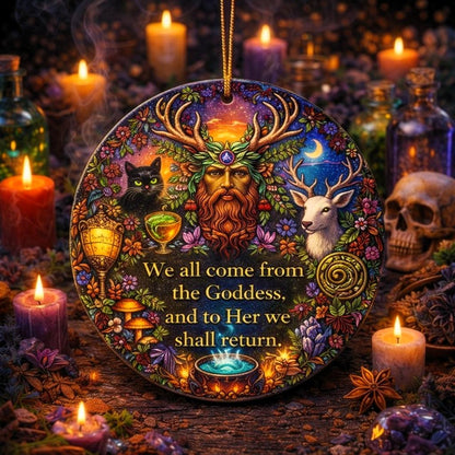 Colorful ceramic Yule ornament with a horned pagan god, deer, black cat, and "We all come from the Goddess" text.