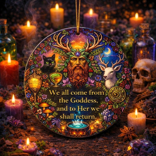 Colorful ceramic Yule ornament with a horned pagan god, deer, black cat, and "We all come from the Goddess" text.