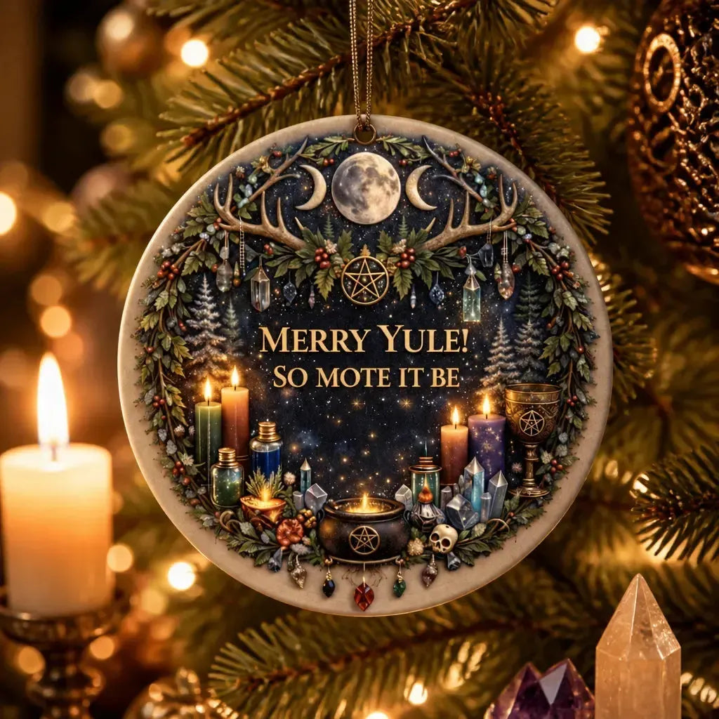 Wicca and Pagan Yule Ceramic Ornament – Witchy Christmas Decoration_mockup_1.webp