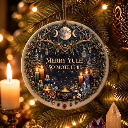 Wicca and Pagan Yule Ceramic Ornament – Witchy Christmas Decoration_mockup_1.webp