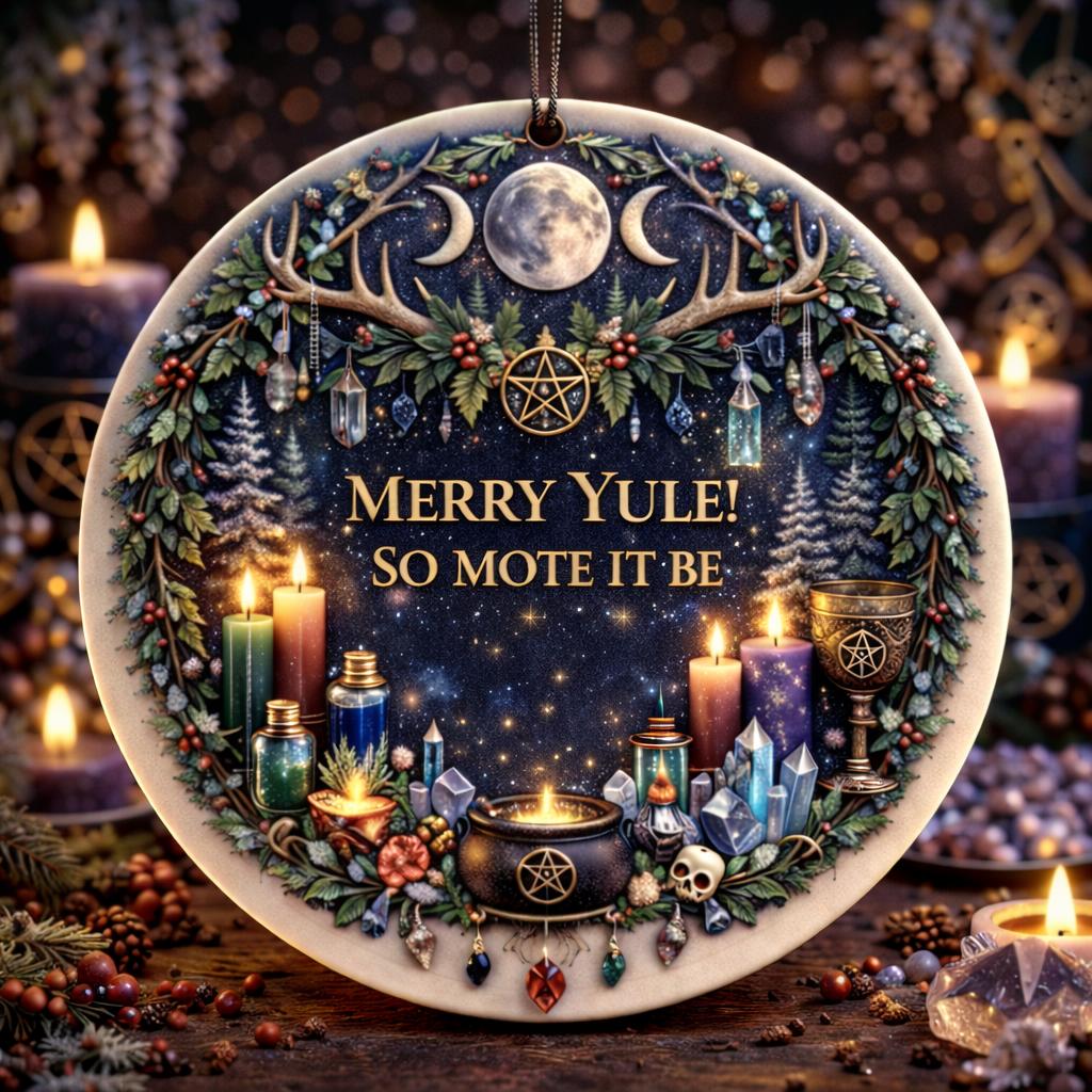 Round ceramic Yule ornament with "Merry Yule! So Mote It Be," surrounded by antlers, moon, candles, and crystals.