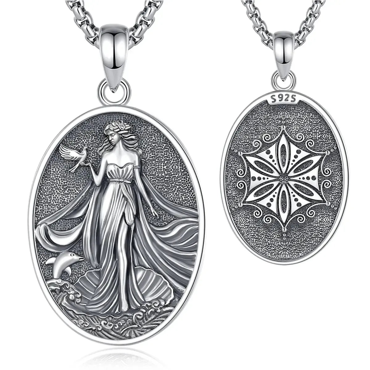 Aphrodite pendant front and reverse with alternate chain