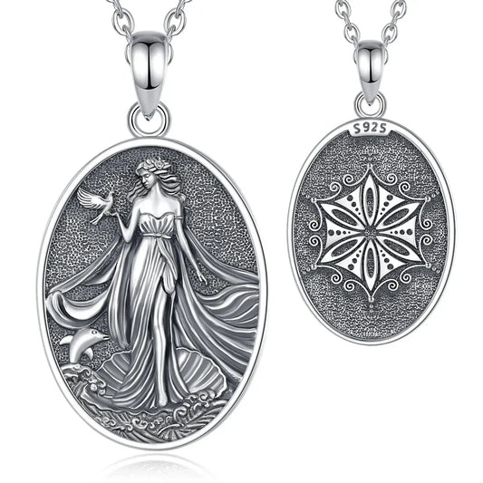 Aphrodite pendant front and patterned reverse with chain