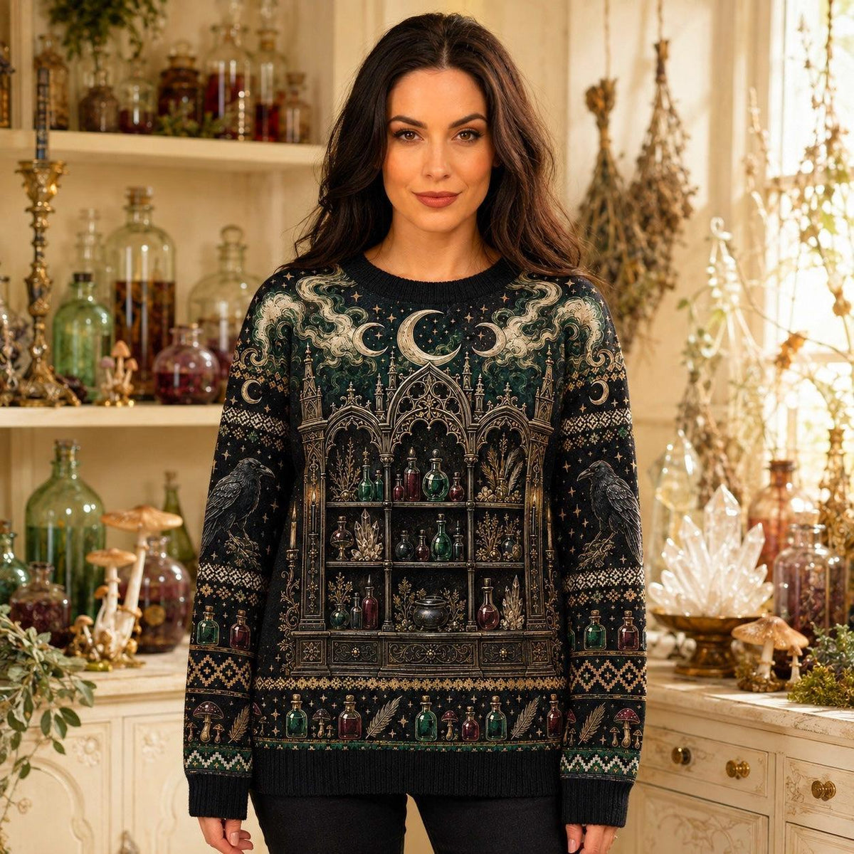 Apothecary Cabinet Sweater Potion Castle Raven Green Knit worn, front view