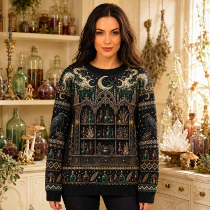 Apothecary Cabinet Sweater Potion Castle Raven Green Knit worn, front view