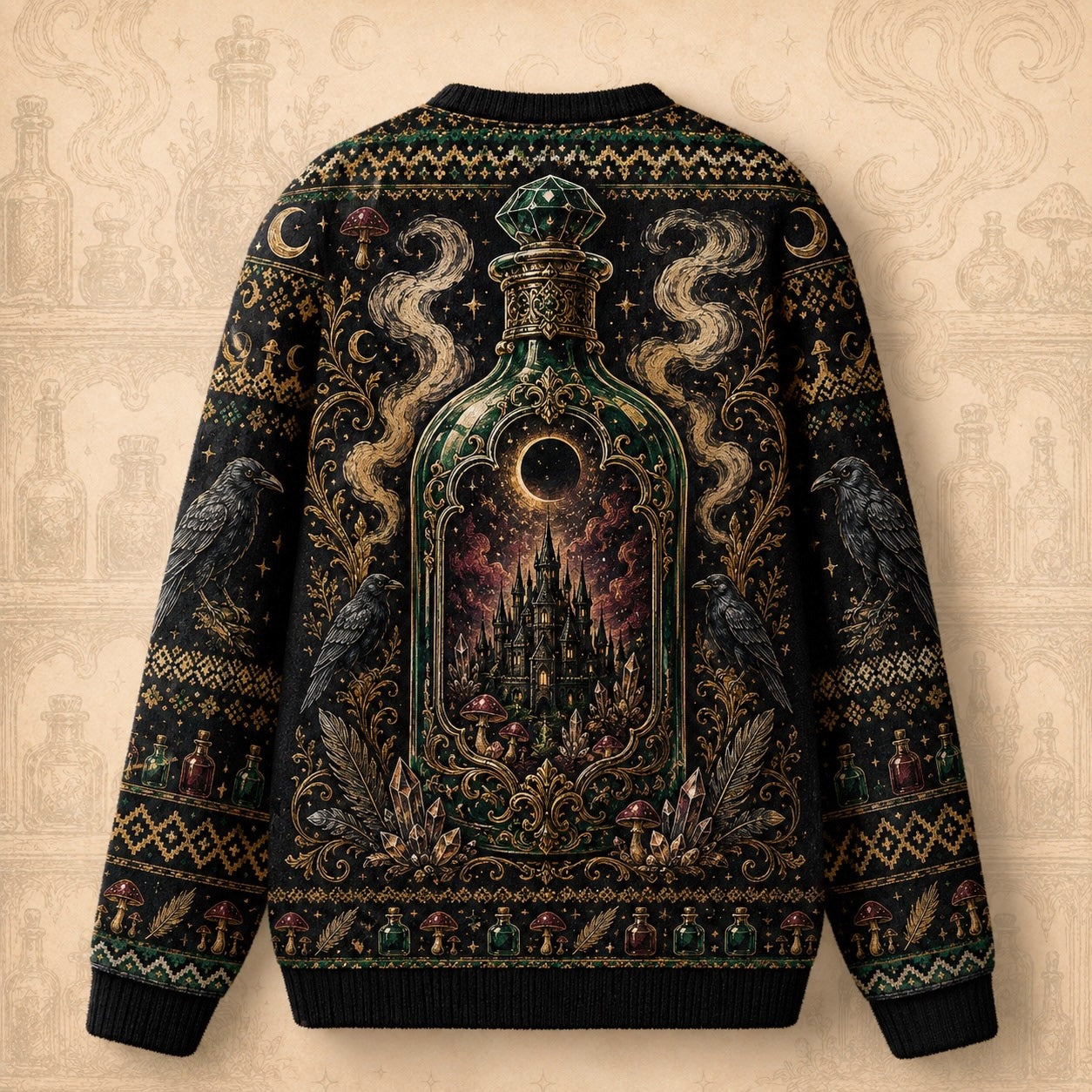 Apothecary Cabinet Sweater Potion Castle Raven Green Knit back view