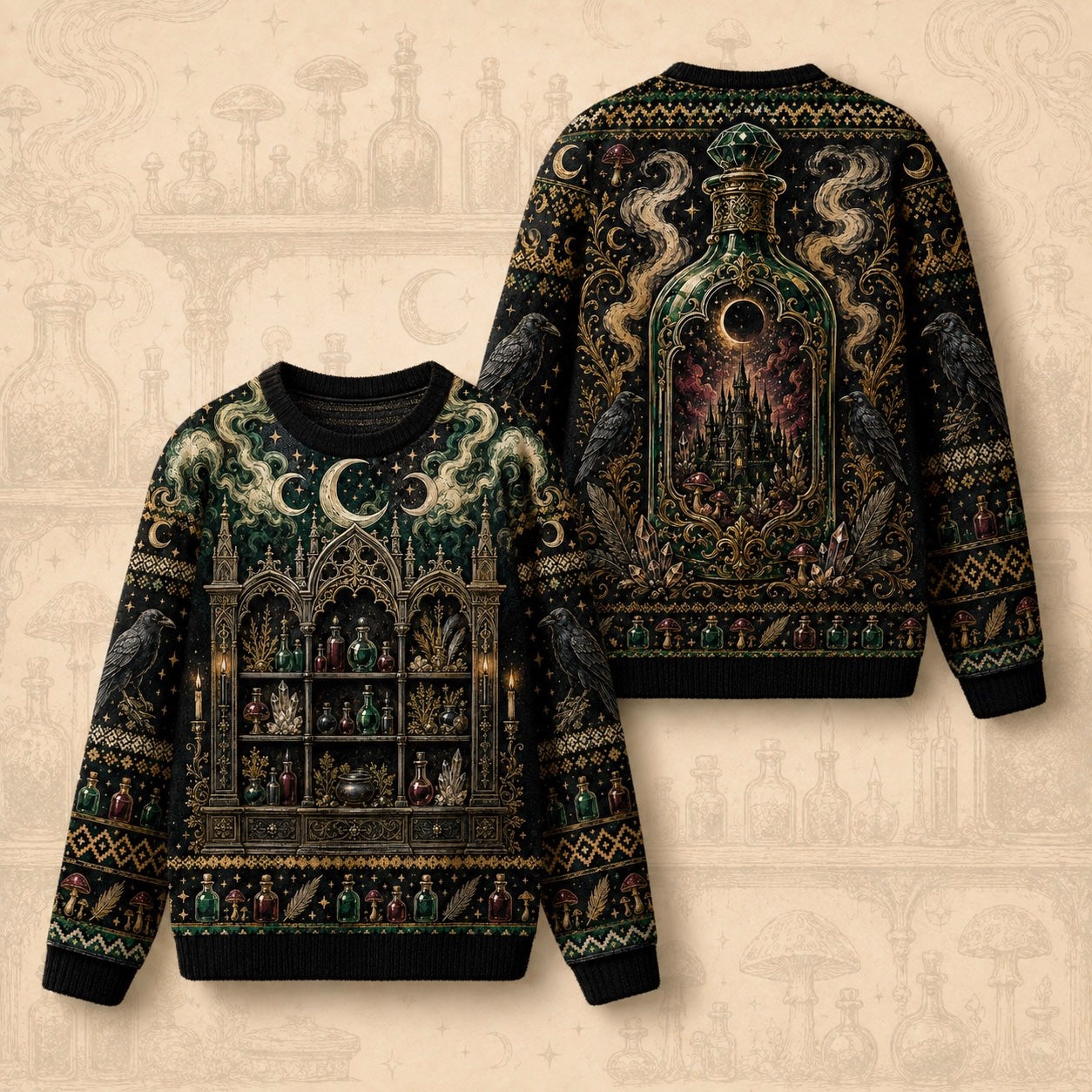 Apothecary Cabinet Sweater Potion Castle Raven Green Knit front and back together