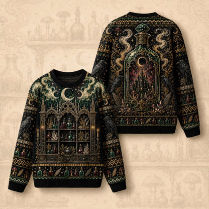 Apothecary Cabinet Sweater Potion Castle Raven Green Knit front and back together