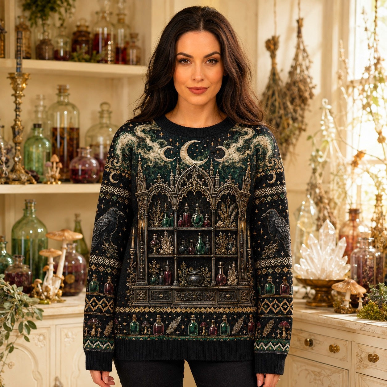 Apothecary Cabinet Sweater Potion Castle Raven Green Knit worn, front view