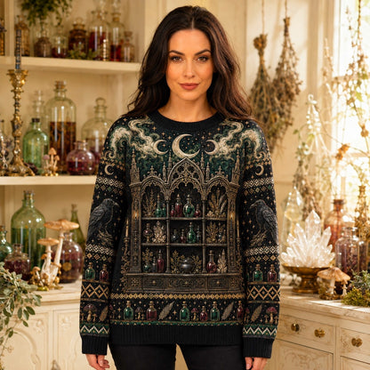 Apothecary Cabinet Sweater Potion Castle Raven Green Knit worn, front view