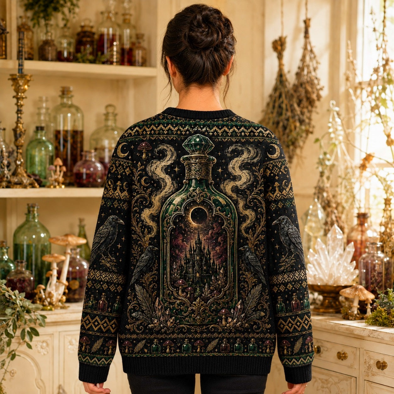Apothecary Cabinet Sweater Potion Castle Raven Green Knit worn, back view