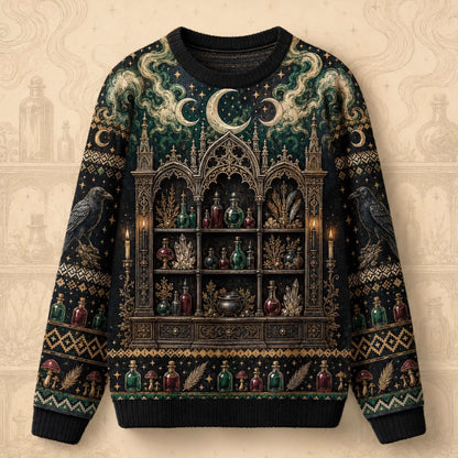 Apothecary Cabinet Sweater Potion Castle Raven Green Knit front view