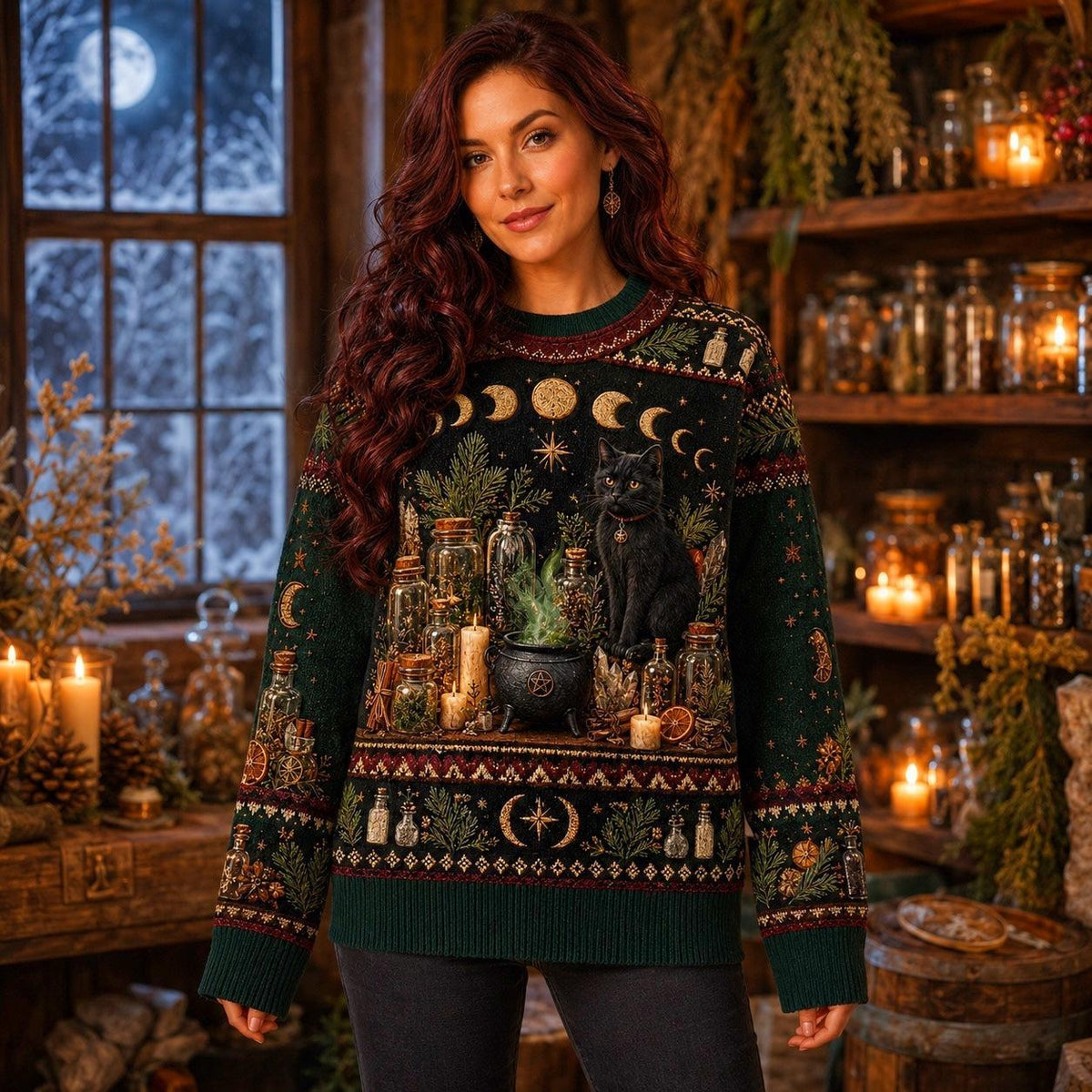 Apothecary Cat Sweater Potion Shelf Forest Bottle Green Knit worn, front view