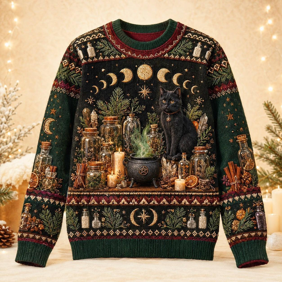 Apothecary Cat Sweater Potion Shelf Forest Bottle Green Knit front view