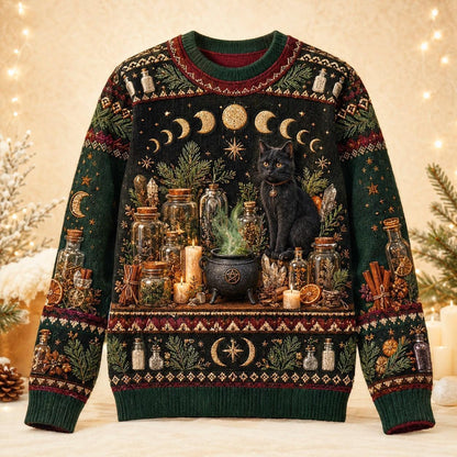 Apothecary Cat Sweater Potion Shelf Forest Bottle Green Knit front view