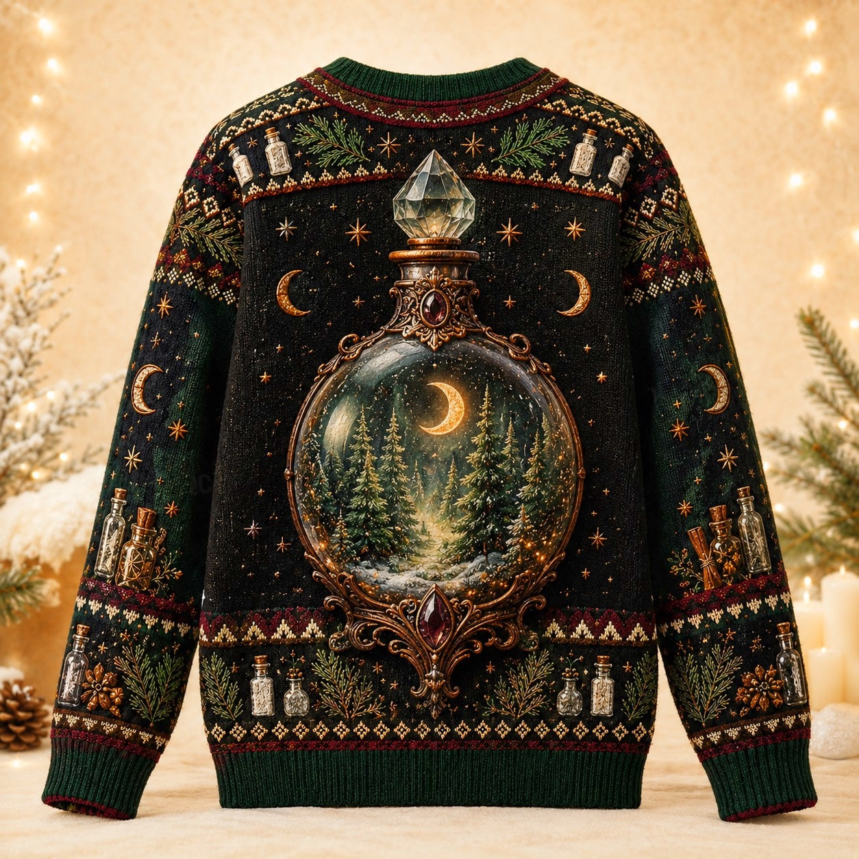 Apothecary Cat Sweater Potion Shelf Forest Bottle Green Knit back view
