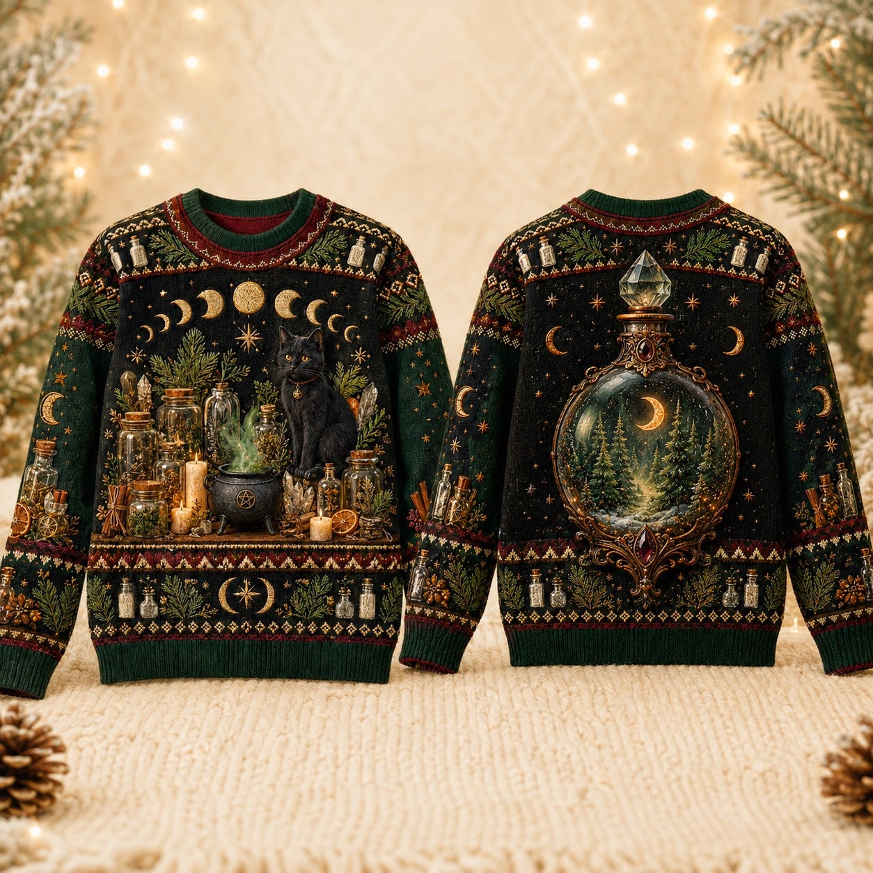 Apothecary Cat Sweater Potion Shelf Forest Bottle Green Knit front and back together