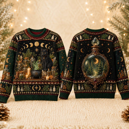 Apothecary Cat Sweater Potion Shelf Forest Bottle Green Knit front and back together