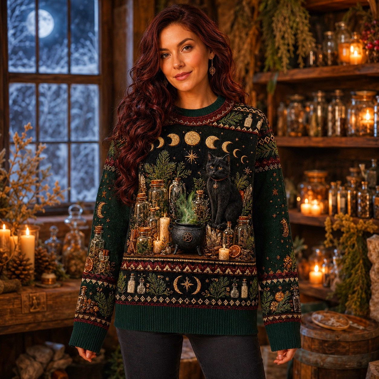 Apothecary Cat Sweater Potion Shelf Forest Bottle Green Knit worn, front view