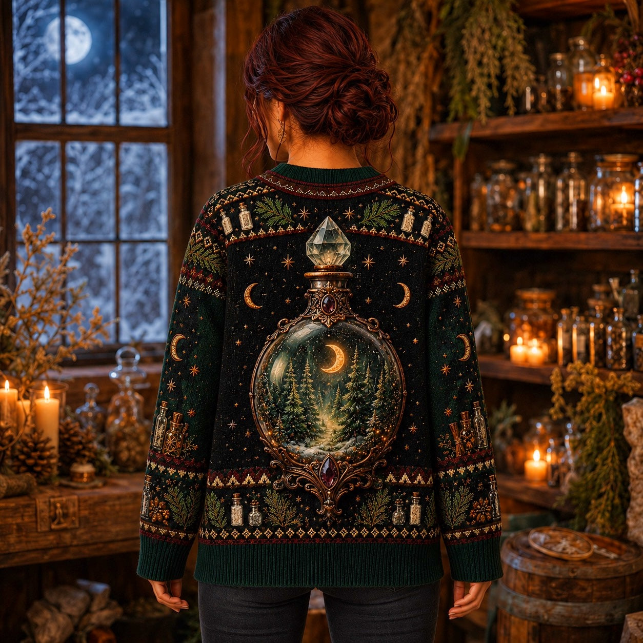 Apothecary Cat Sweater Potion Shelf Forest Bottle Green Knit worn, back view