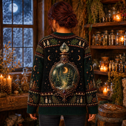 Apothecary Cat Sweater Potion Shelf Forest Bottle Green Knit worn, back view